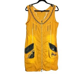 Tricotto Embellished Sleeveless Dress ZipFront Back Print Pockets Mustard Yellow
